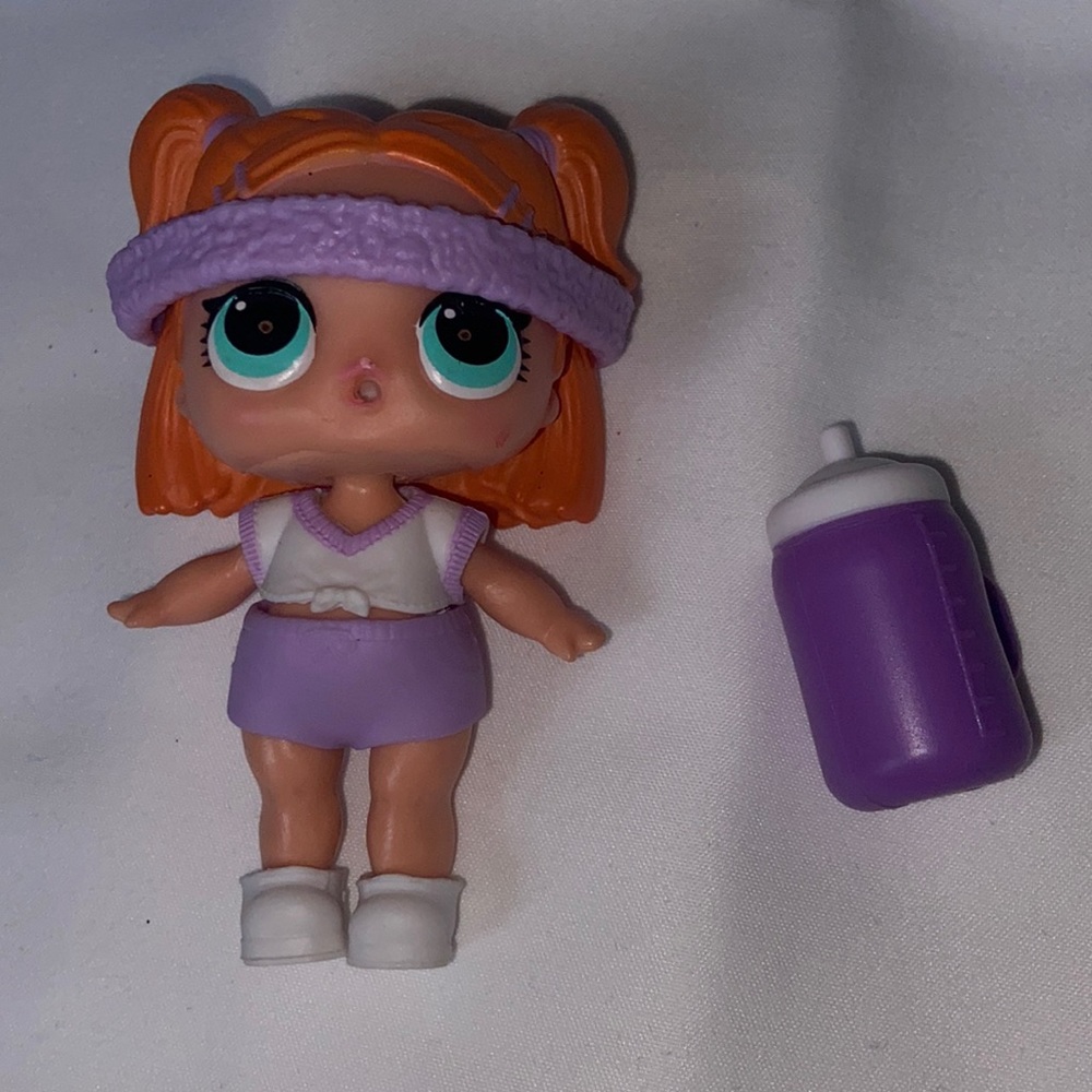 LOL Surprise Doll Orange Hair Purple Shorts Headband Purple White Sippy Cup